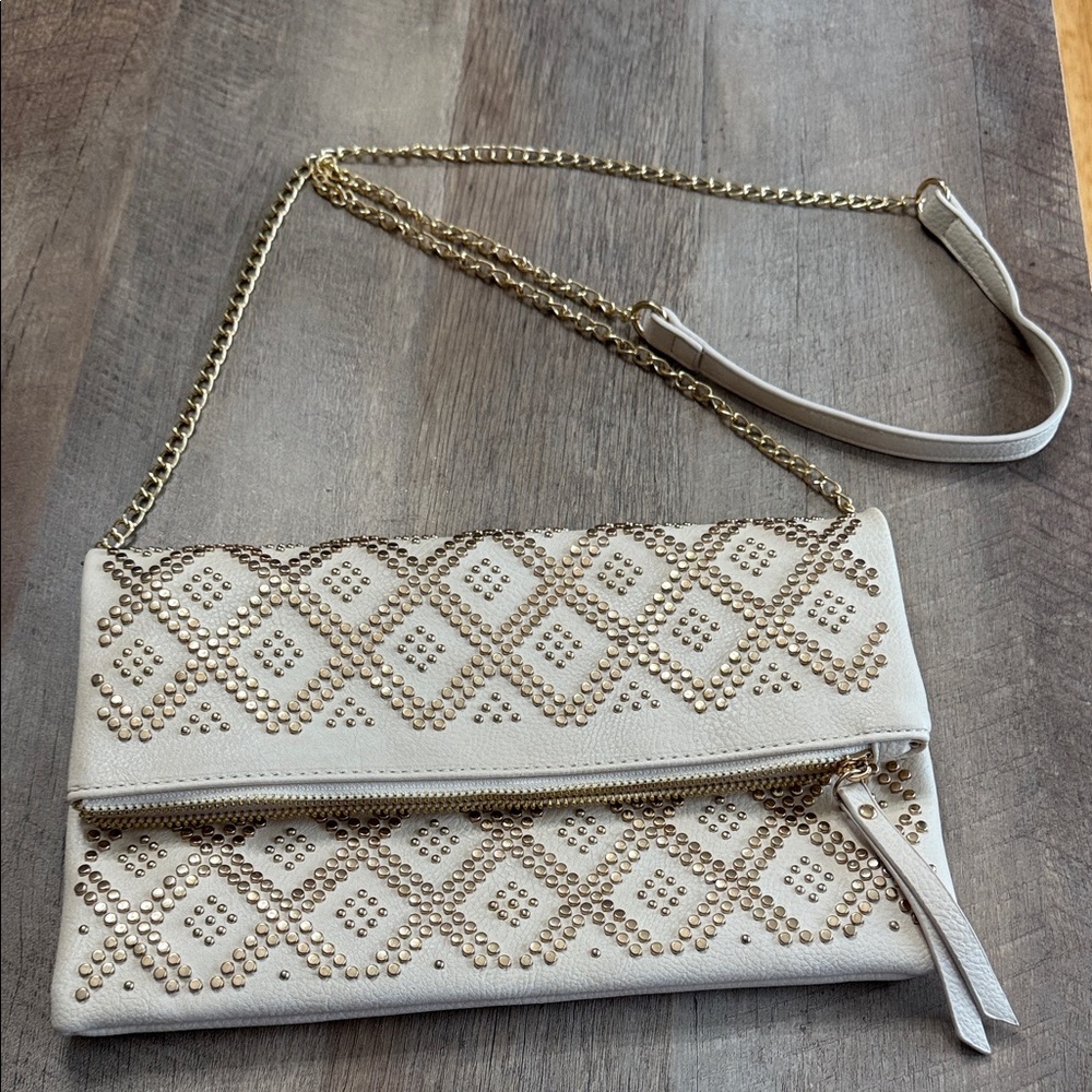 Studded Ivory Fold-Over Crossbody Clutch